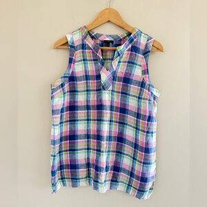 Talbots Women’s Medium Petite 100% Linen Pastel Preppy Spring Summer Plaid Top